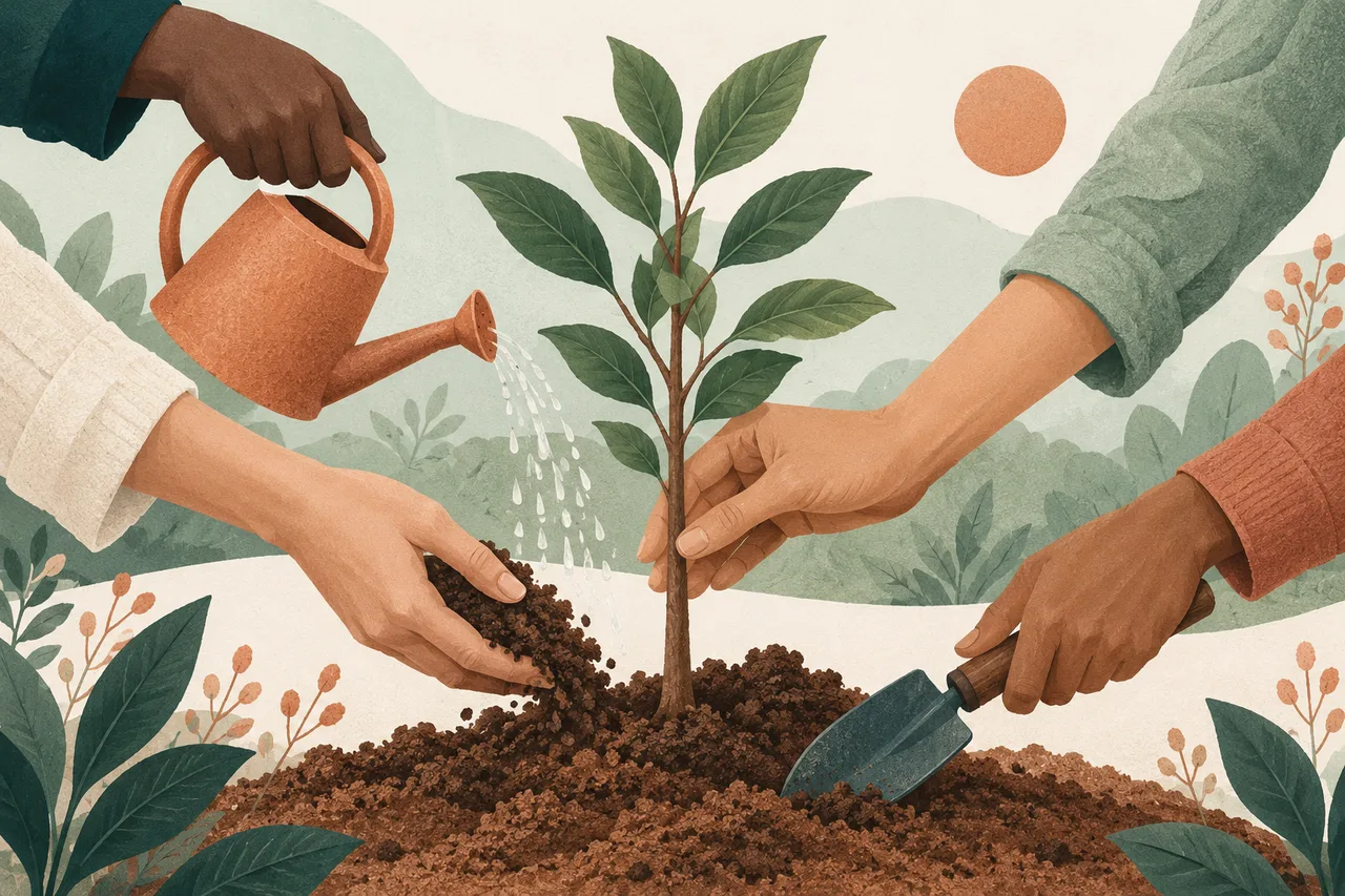 Illustration of people sharing experiences and support