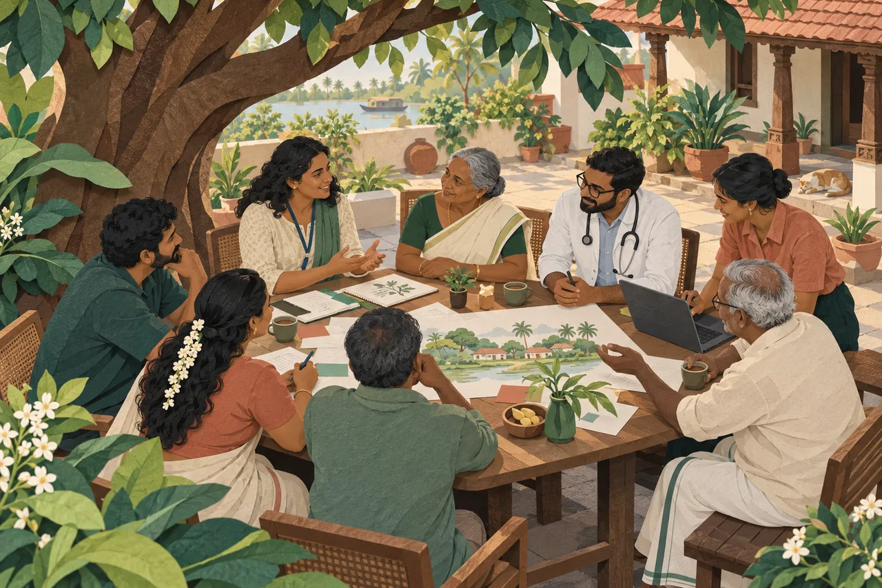 Illustration of people coming together in a Kerala community